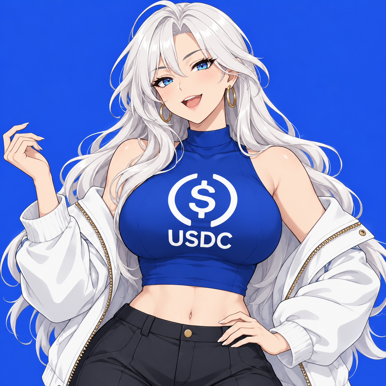 White-haired USDC anime mascot in a blue top and white jacket